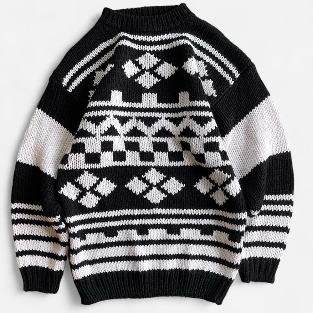 Vintage One Step Up Black and White Chunky Knit Geometric Sweater